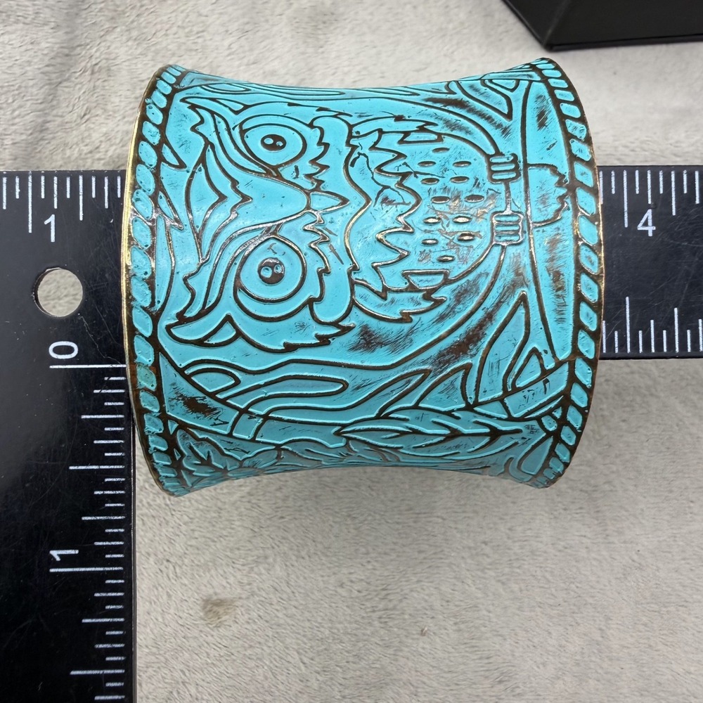 Wide Cuff Turquoise Patina Owl Cuff Bracelet - Picture 6 of 8